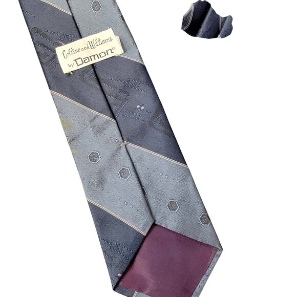 Vintage 70s Blue Silk Neck Tie Men Accessories Geometric Embroidered Formal Work - Picture 10 of 16